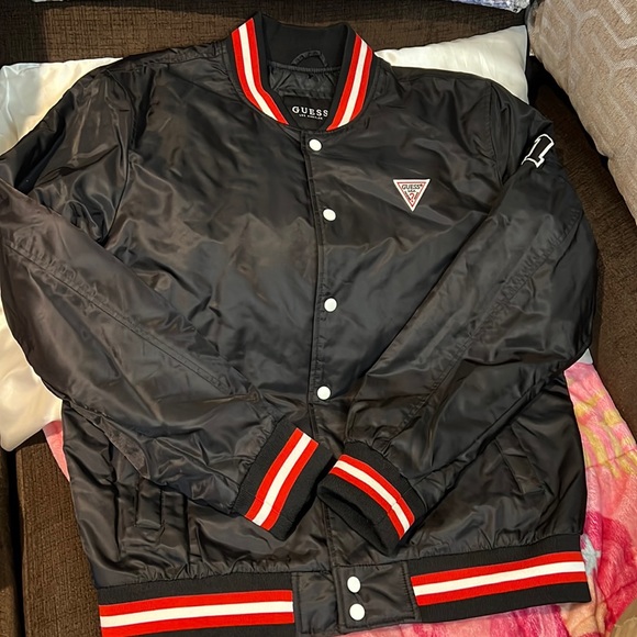 Guess Other - SALE 🔥🔥Classic Guess Satin Bomber Jacket. Black w/red and white trim. XL